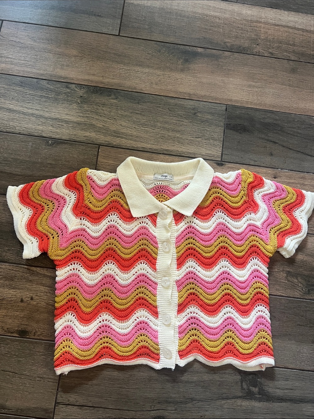 Maaji Crocheted Button-Front Polo Top in Pink, Red, Cream & Mustard